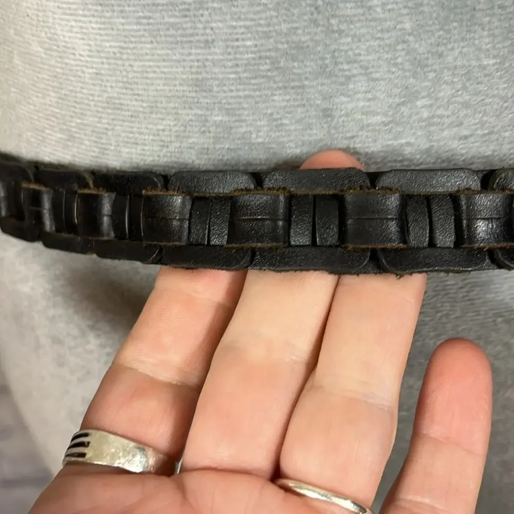 Unique Black Woven Leather Chain Belt with Silver Buckle